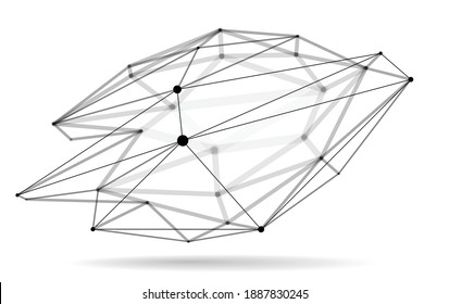 Dimensional lattice mesh vector abstraction, 3D polygonal design abstract shape isolated over white, science digital dynamic connections with lines and dots with perspective.