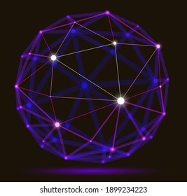 Dimensional lattice mesh vector abstraction, 3D polygonal design abstract sphere, tech and science digital style dynamic connections with lines and dots, with realistic depth of field effect.