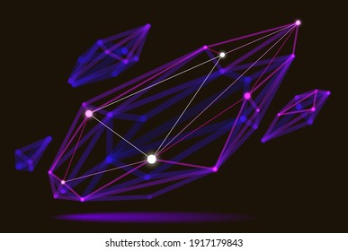 Dimensional lattice mesh vector abstraction, 3D polygonal design abstract shape, tech and science digital style dynamic connections with lines and dots, with realistic depth of field effect.