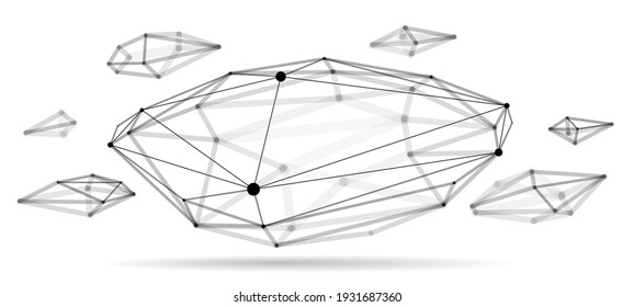 Dimensional Gitter Gitter Vektorgrafik Abstraktion, 3D polygonal Design abstrakte Form einzeln auf Weiß, Wissenschaft digitale dynamische Verbindungen mit Linien und Punkten mit Perspektive.