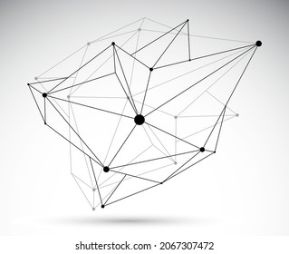 Dimensional lattice mesh vector abstraction, 3D polygonal design abstract shape isolated over white, tech and science digital style dynamic connections with lines and dots.