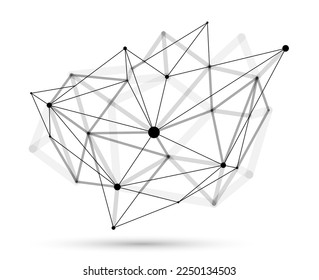 abstracción vectorial de malla de entramado dimensional, forma abstracta de diseño poligonal 3D aislada sobre blanco, conexiones dinámicas digitales científicas con líneas y puntos con perspectiva.