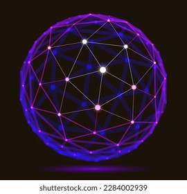 Dimensional lattice mesh vector abstraction, 3D polygonal design abstract sphere, tech and science digital style dynamic connections with lines and dots, with realistic depth of field effect.