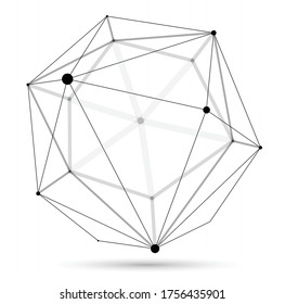 Dimensional lattice sphere vector abstraction, 3D polygonal design abstract shape isolated over white, science digital dynamic connections with lines and dots with perspective.
