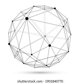 Dimensional lattice sphere vector abstraction, 3D polygonal design abstract shape isolated over white, science digital dynamic connections with lines and dots with perspective.