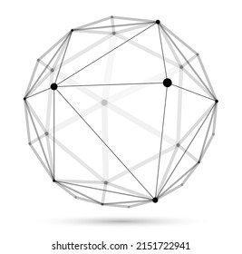 Dimensional lattice sphere vector abstraction, 3D polygonal design abstract shape isolated over white, science digital dynamic connections with lines and dots with perspective.