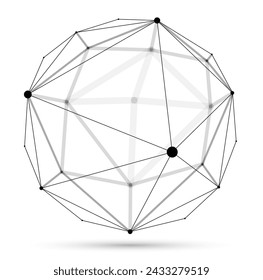 Dimensional lattice sphere vector abstraction, 3D polygonal design abstract shape isolated over white, science digital dynamic connections with lines and dots with perspective.