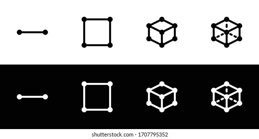 Dimensional measure icon set. Flat design icon collection isolated on black and white background. Length, area, and volume.