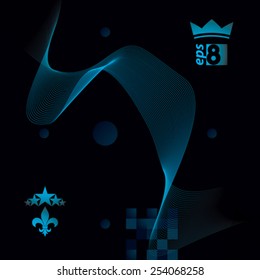 Dimensional motif elegant flowing curves, dark background in motion with five stars emblem, eps8 design backdrop.
