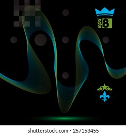 Dimensional motif elegant flowing curves, dark background in motion with five stars emblem, eps8 design backdrop.