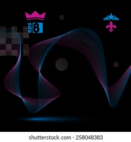 Dimensional motif elegant flowing curves, dark background in motion with five stars emblem, eps8 design backdrop.