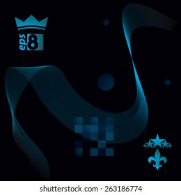 Dimensional motif elegant flowing curves, dark background in motion with five stars emblem, eps8 design backdrop.
