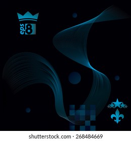 Dimensional motif elegant flowing curves, dark background in motion with five stars emblem, eps8 design backdrop.