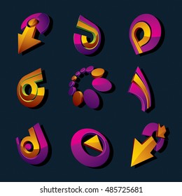 Dimensional purple and yellow vector app buttons. Collection of arrows, direction icons and different business corporate graphic symbols.
