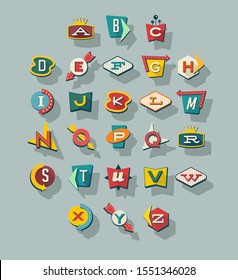 Dimensional retro style signs  alphabet. Letters on vintage style signs.
Collection reminiscent of 1950s roadside signs. 