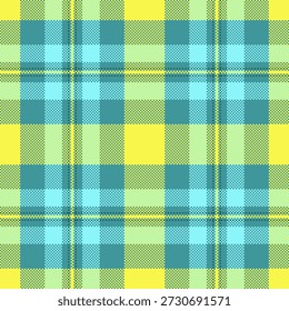 Xadrez têxtil dimensional, padrão de textura de vetor de horizonte. Tecido de tartan sem costura de fundo mínimo na paleta de cores ciano e amarelo.
