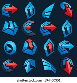 Dimensional vector blue app buttons. Collection of arrows, direction icons and different business corporate graphic symbols.