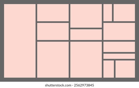 Dimensions 16x9 trendy bento grid layout style brick Ui UX templates. Web comic grids with right angles Different panel layouts with y2k and brutal shapes tiles of different sizes Vector illustration