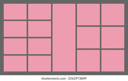 Dimensions 16x9 trendy bento grid layout style brick Ui UX templates. Web comic grids with right angles Different panel layouts with y2k and brutal shapes tiles of different sizes Vector illustration