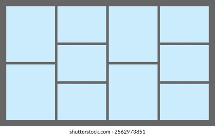 Dimensions 16x9 trendy bento grid layout style brick Ui UX templates. Web comic grids with right angles Different panel layouts with y2k and brutal shapes tiles of different sizes Vector illustration