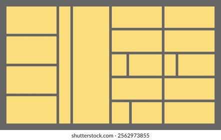 Dimensions 16x9 trendy bento grid layout style brick Ui UX templates. Web comic grids with right angles Different panel layouts with y2k and brutal shapes tiles of different sizes Vector illustration