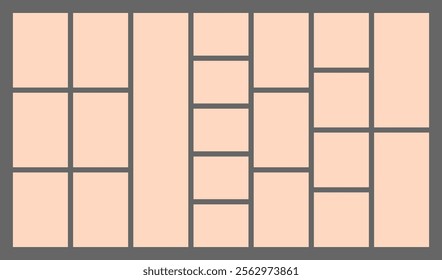 Dimensions 16x9 trendy bento grid layout style brick Ui UX templates. Web comic grids with right angles Different panel layouts with y2k and brutal shapes tiles of different sizes Vector illustration