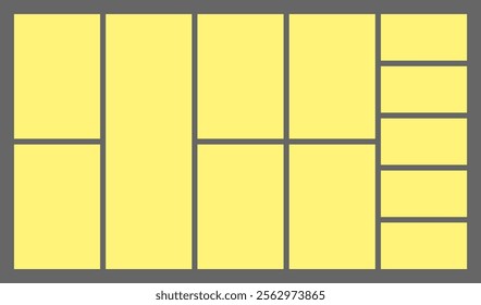 Dimensions 16x9 trendy bento grid layout style brick Ui UX templates. Web comic grids with right angles Different panel layouts with y2k and brutal shapes tiles of different sizes Vector illustration