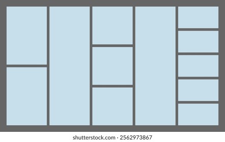 Dimensions 16x9 trendy bento grid layout style brick Ui UX templates. Web comic grids with right angles Different panel layouts with y2k and brutal shapes tiles of different sizes Vector illustration