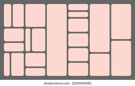 Dimensions 16x9 trendy bento grid layout style brick Ui UX templates. Web comic grids, rounded corners. Different panel layouts with y2k and brutal shapes tiles of different sizes Vector illustration.