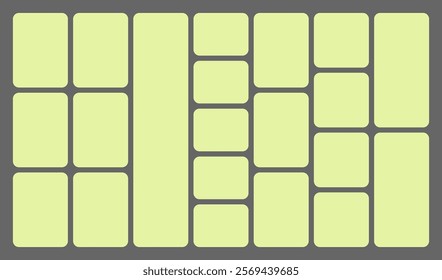 Dimensions 16x9 trendy bento grid layout style brick Ui UX templates. Web comic grids, rounded corners. Different panel layouts with y2k and brutal shapes tiles of different sizes Vector illustration.