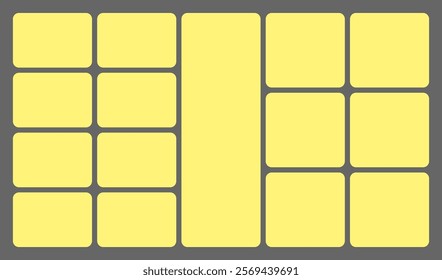 Dimensions 16x9 trendy bento grid layout style brick Ui UX templates. Web comic grids, rounded corners. Different panel layouts with y2k and brutal shapes tiles of different sizes Vector illustration.