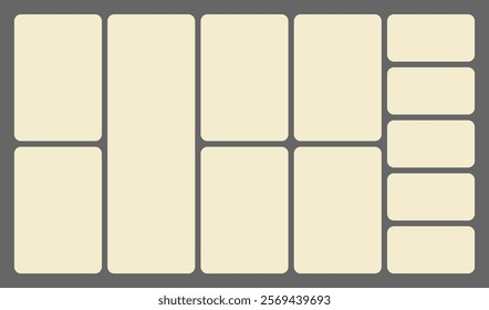 Dimensions 16x9 trendy bento grid layout style brick Ui UX templates. Web comic grids, rounded corners. Different panel layouts with y2k and brutal shapes tiles of different sizes Vector illustration.