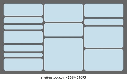 Dimensions 16x9 trendy bento grid layout style brick Ui UX templates. Web comic grids, rounded corners. Different panel layouts with y2k and brutal shapes tiles of different sizes Vector illustration.