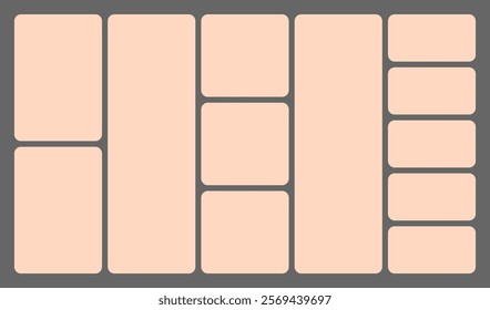 Dimensions 16x9 trendy bento grid layout style brick Ui UX templates. Web comic grids, rounded corners. Different panel layouts with y2k and brutal shapes tiles of different sizes Vector illustration.