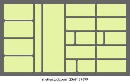 Dimensions 16x9 trendy bento grid layout style brick Ui UX templates. Web comic grids, rounded corners. Different panel layouts with y2k and brutal shapes tiles of different sizes Vector illustration.