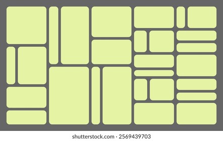 Dimensions 16x9 trendy bento grid layout style brick Ui UX templates. Web comic grids, rounded corners. Different panel layouts with y2k and brutal shapes tiles of different sizes Vector illustration.