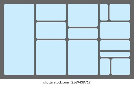 Dimensions 16x9 trendy bento grid layout style brick Ui UX templates. Web comic grids, rounded corners. Different panel layouts with y2k and brutal shapes tiles of different sizes Vector illustration.