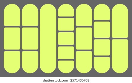 Dimensions 16x9 trendy bento grid layout style brick Ui UX templates. Web comic grids, rounded corners. Different panel layouts with y2k and brutal shapes tiles of different sizes Vector illustration.