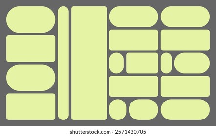 Dimensions 16x9 trendy bento grid layout style brick Ui UX templates. Web comic grids, rounded corners. Different panel layouts with y2k and brutal shapes tiles of different sizes Vector illustration.