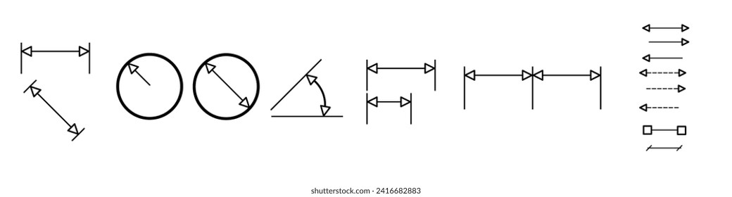 Dimensions Arrows. Height and width icons. Linear, Aligned, Radius, Diameter, Angular, Baseline, Continue, Area and Perimeter Measure Concept.Vector Design Elements Set. Arrows Minimal. Arrow icon. 