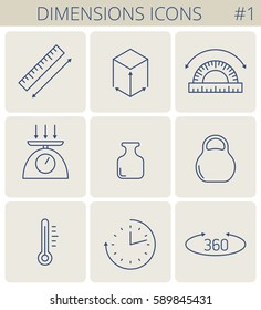 Dimensions and measure outline icons: weight, height, width, depth, length, angle, time, temperature. Vector thin line measurement symbol set. Isolated infographic elements for web, social network.