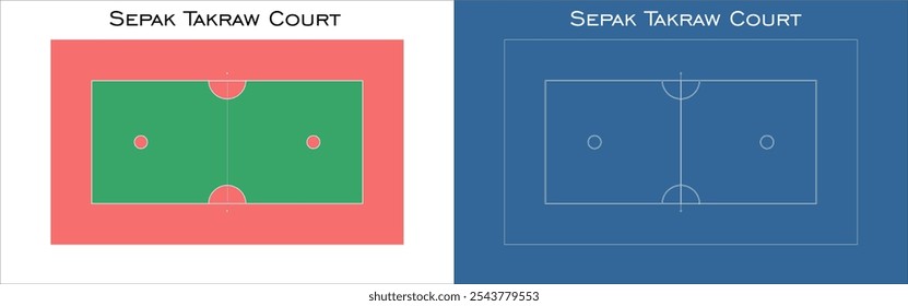 Dimensiones Sepak Takraw medida de corte en metro línea de vista superior Vector plano ilustración de dibujo técnico aislado sobre fondo transparente 