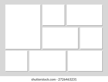 Trendfähige Grafikdesignvorlage für Dimensionen zeigt ein Bento-Rasterlayout mit acht Stilen an 
Ziegel, separate weiße rechteckige Rahmen in einer dynamischen Zusammensetzung auf einem hellgrauen 
Hintergrund bereit für Content-Platzierung, Formen, Fliesen in verschiedenen Größen