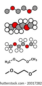 Dimethoxyethane (glyme, DME, dimethylene glycol) chemical solvent molecule. Stylized 2D renderings and conventional skeletal formulae.