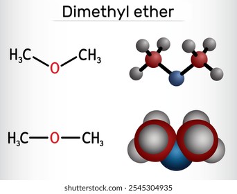 Éter dimetílico, molécula de DME. Estructura química y modelo molecular. Ilustración vectorial