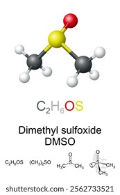 Dimethyl sulfoxide, DMSO, ball-and-stick molecule model and chemical structure. Organosulfur compound, colorless liquid and important polar aprotic solvent that dissolves polar and nonpolar compounds.