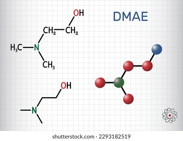 Dimethylethanolamine, dimethylaminoethanol, DMAE, DMEA molecule. It is tertiary amine, curing agent, radical scavenger. Structural formula, molecule model. Sheet of paper in cage.  Vector illustration