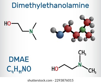 Dimethylethanolamine, dimethylaminoethanol, DMAE, DMEA molecule. It is tertiary amine, curing agent and a radical scavenger. Structural chemical formula, molecule model. Vector illustration