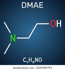 Dimethylethanolamine, dimethylaminoethanol, DMAE, DMEA molecule. It is tertiary amine, curing agent, radical scavenger. Structural chemical formula on the dark blue background. Vector illustration