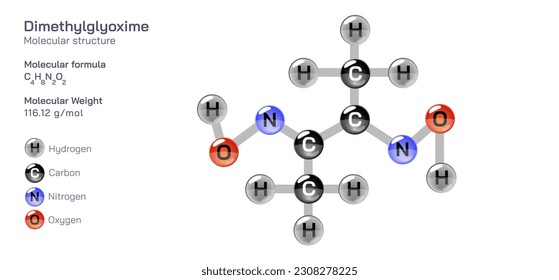 Dimethylglyoxime molecular structure formula. Periodic table structural molecular formula Vector design. Pharmaceutical compounds and composition. Easily printable product with correct CPK colour.